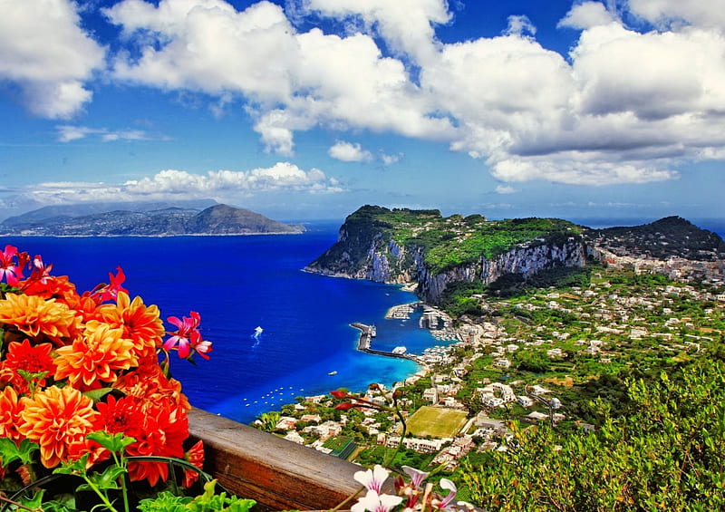 Beautiful Capri, rest, shore, vacation, Italy, Capri, travel, town, sky, sea, beach, summer, flowers, village, ciew, coast, HD wallpaper