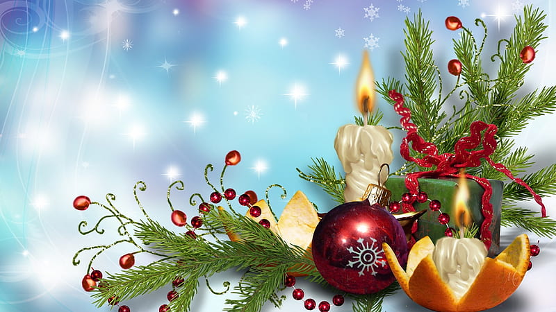 Decorate for the Holiday, Christmas, glow, Feliz Navidad, orange, holiday, shine, candles, bokeh, decorations, orange peel, fir, beads, Firefox Persona theme, HD wallpaper