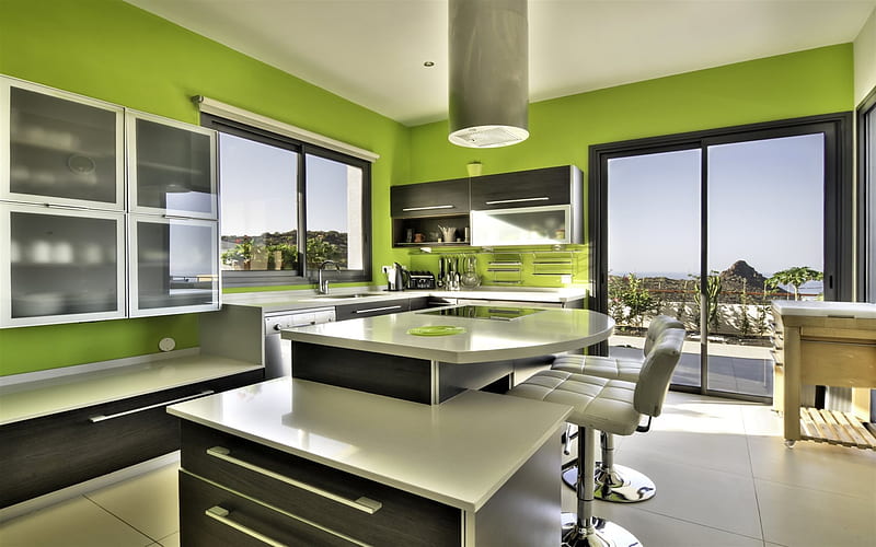 modern kitchen design, green kitchen, kitchen interior, green walls, HD wallpaper