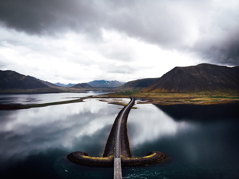 asphalt road in the middle of bodies of water, HD wallpaper