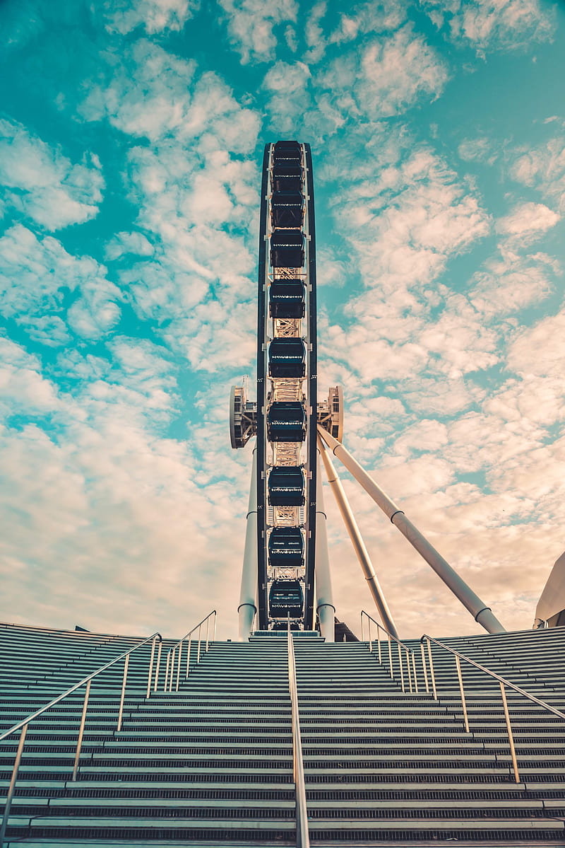 ferris wheel, attraction, stairs, construction, sky, clouds, HD phone wallpaper