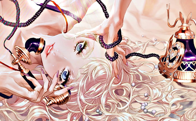 manga, blonde, woman, retro, rukiana, girl, purple, anime, beauty, phone, blue eyes, pink, HD wallpaper