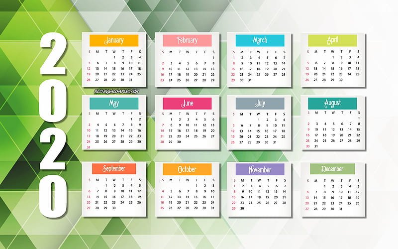 2020 Calendar, green mosaic background, green triangles background, 2020 all months calendar, paper art, creative art, calendars, Year 2020 Calendar, HD wallpaper