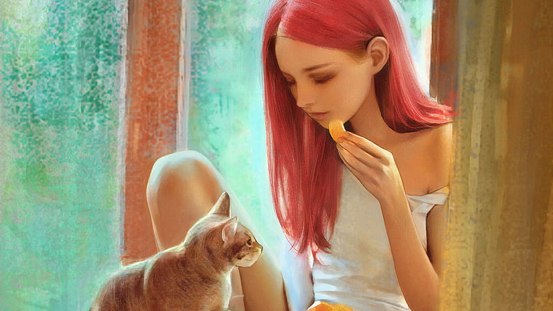 Pink Hair Girl With Cat, cat, artist, artwork, digital-art, artstation, HD wallpaper
