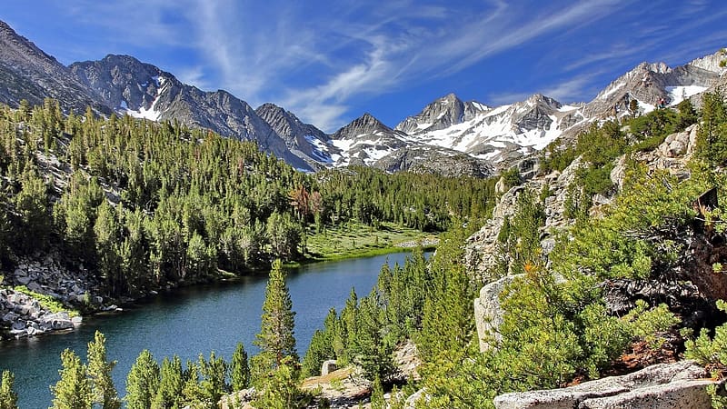Long Lake, John Muir Wilderness, California, mountains, water, rocks, usa, trees, landscape, HD wallpaper