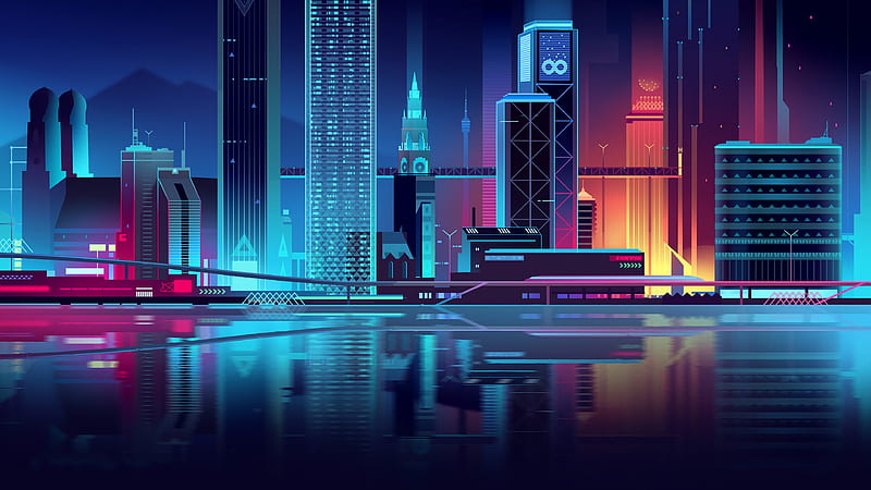 cityscape, skyscrapers, minimal design, futuristic, neon, reflection, Sci-fi, HD wallpaper