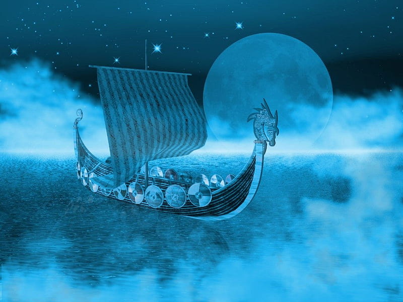 Viking Ghost Longboat, fantasy, viking, longboat, blue, HD wallpaper