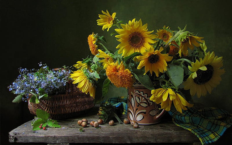 Still life, pretty, colors, yellow, vase, bonito, sunflower, sunflowers