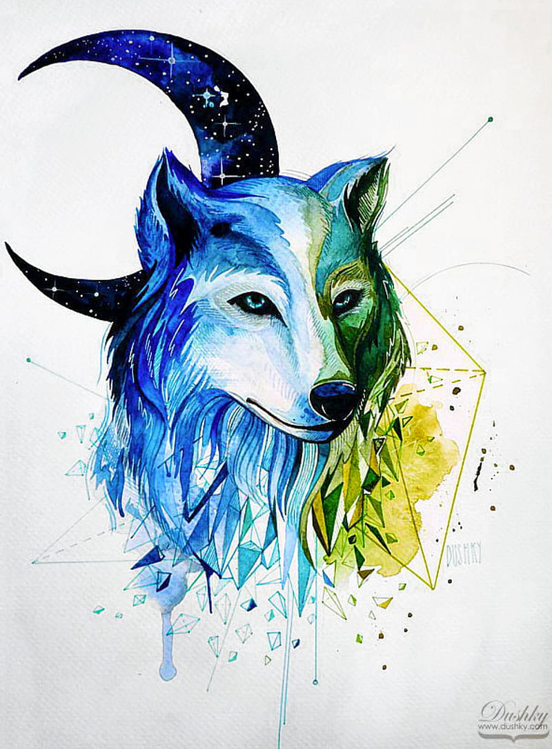 Watercolor Wolf, drawing, geometric, hipster, moon, wolves, HD phone wallpaper