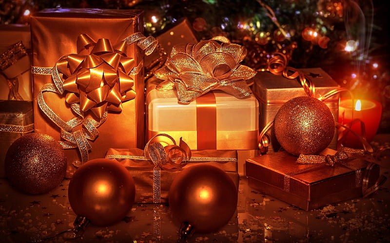 bronze gift boxes, bronze tinsel, Happy New Year, christmas decorations, gift boxes, Merry Christmas, new year concepts, HD wallpaper