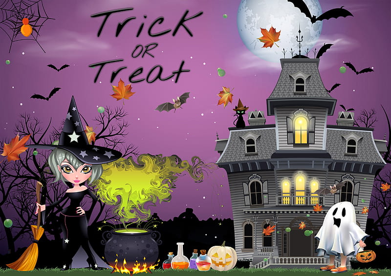 TRICK OR TREAT, WITCH, CAULDRON, POTIONS, PUMPKINS, BATS, HALLOWEEN, GHOST, HOUSE, HD wallpaper