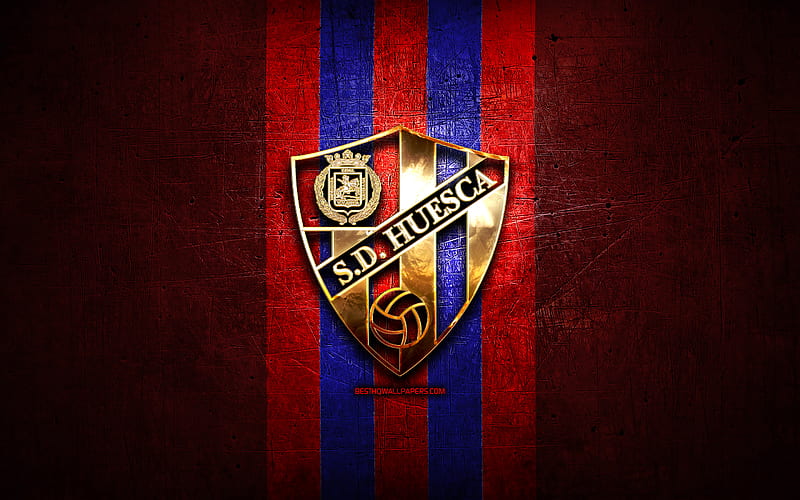 Huesca FC, golden logo, La Liga 2, red metal background, football, SD Huesca, spanish football club, Huesca logo, soccer, LaLiga 2, Spain, HD wallpaper