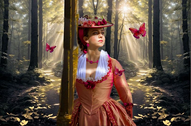 Era Of Modest Women In Victorian Color Mix, vivid, butterflies, girl, tan, dress, forest, pink, white, Millinery, bright, Modest Women, bold, sunlight, hat, vibrant, Victorian, trees, colorful, shadows, HD wallpaper