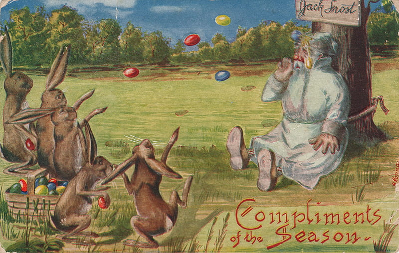Happy Easter!, brown, green, bunny, funny, easter, man, card, rabbit, egg, vintage, HD wallpaper
