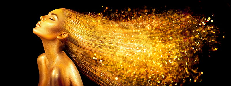 hair, gold, model, girl, golden, black, woman, anna subbotina, HD wallpaper