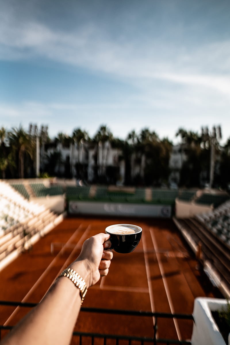 cup, coffee, hand, tennis court, HD phone wallpaper