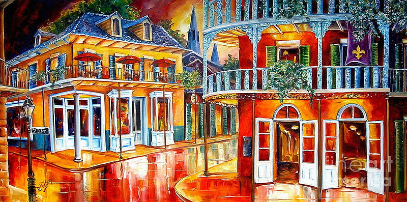 Divine New Orleans, rain, artwork, street, houses, painting, HD wallpaper