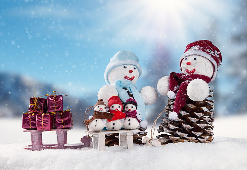 Happy Holidays!, sleigh, red, craciun, christmas, pine cone, gift, snowman, winter, card, white, couple, blue, HD wallpaper