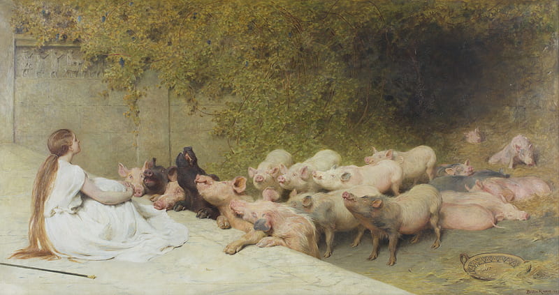 Circe and her swine, animal, art, pig, circe, briton riviere, painting, pictura, HD wallpaper