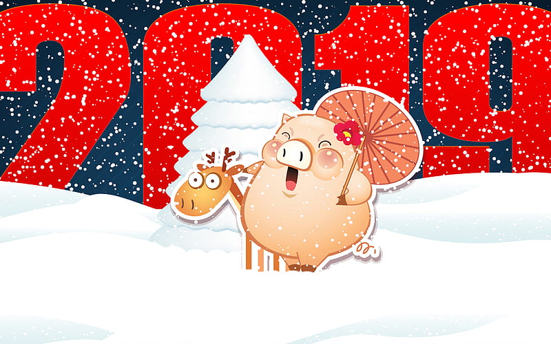 winter background, Happy New Year 2019, winter, snow, art, 2019 Year of the pig, cute pig, deer, New Year, 2019 concepts, HD wallpaper