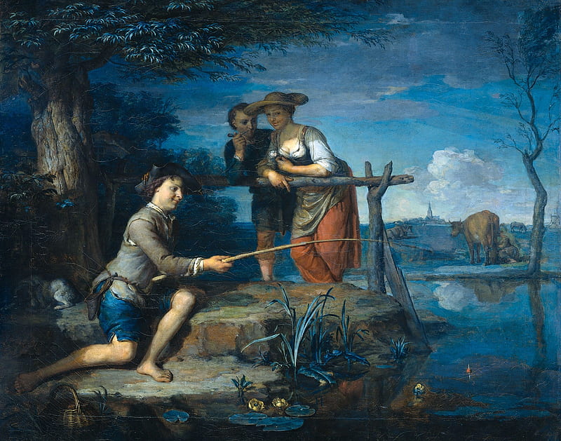 Angler, fisher, pictura, blue, art, cow, karel de moor, man, pastoral, girl, people, painting, HD wallpaper