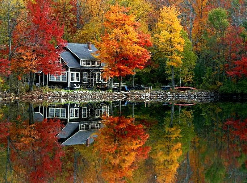 Lake house autumn, red, autumn, house, orange, secluded, trees, lake, gold,  reflections, HD wallpaper | Peakpx