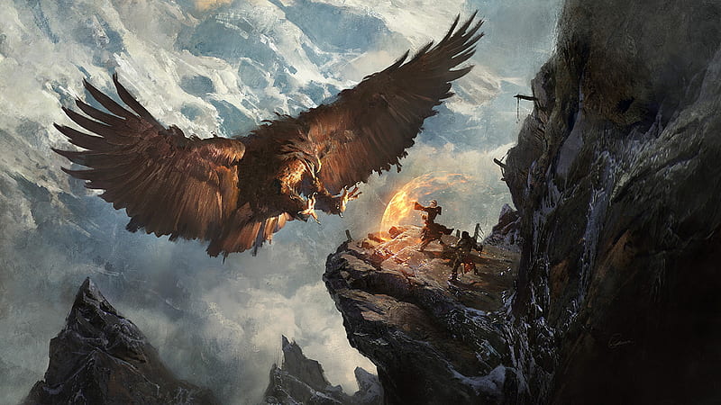 Giant Eagle Vs Knight Mage Mountains Fantasy Landscape, eagle, fantasy, birds, fantasy, knight, warrior, artwork, artist, digital-art, HD wallpaper