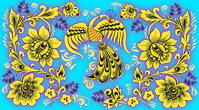 Texture, bird, pasare, flower, yellow, blue, HD wallpaper