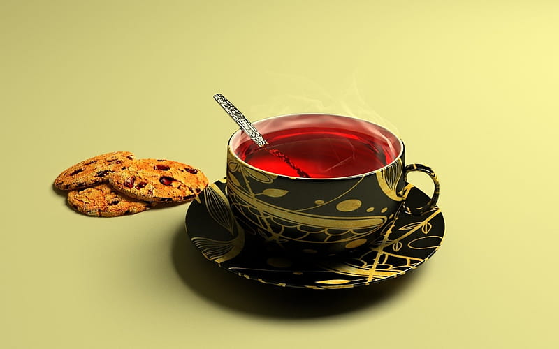 Cup of Tea, cup, cookies, tea, saucer, HD wallpaper
