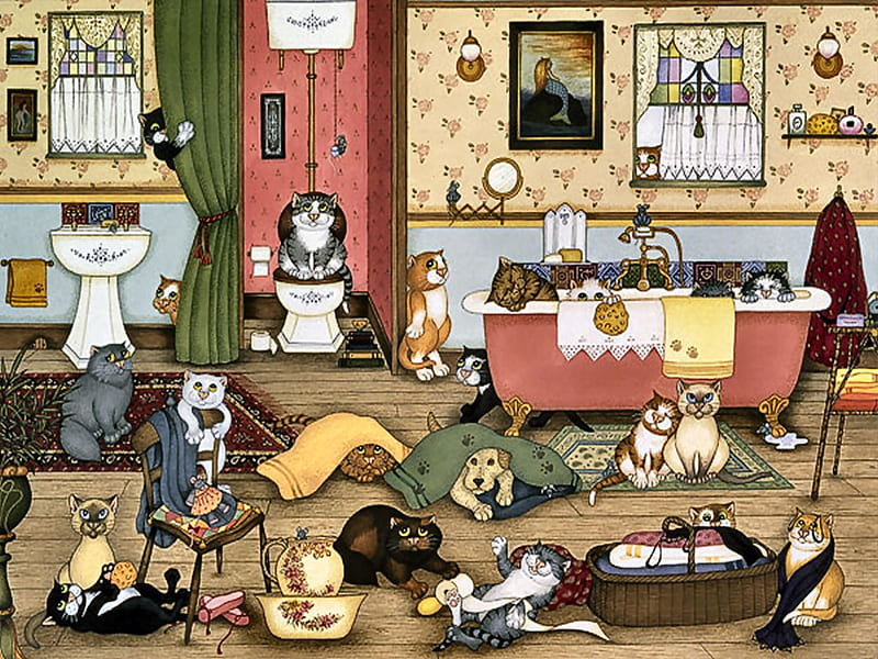 Catastrophe - Cats F2, art, smith, cat, artwork, lisa jane smith, animal, pet, feline, painting, HD wallpaper