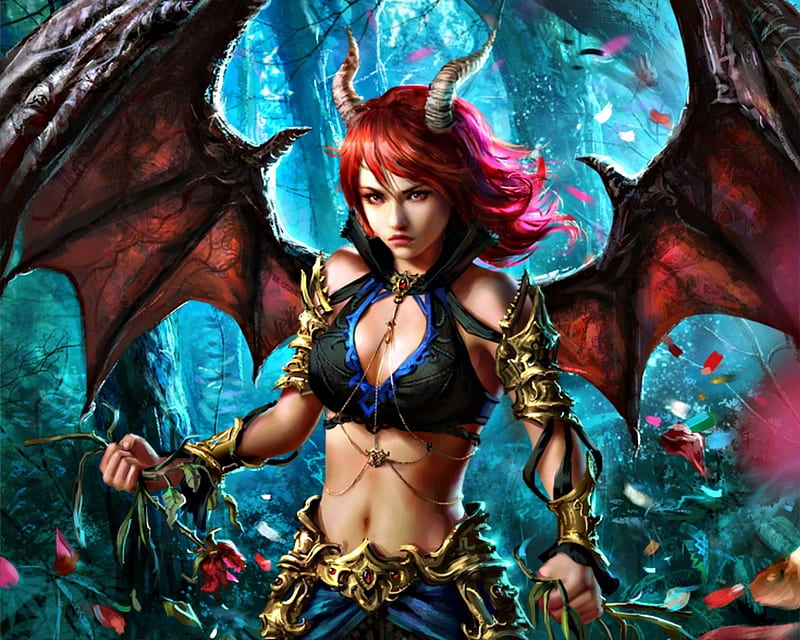 Anneli, art, wings, legend of the cryptids, game, woman, horns, demon, fantasy, girl, anotherwanderer, bat, flower, pink, blue, HD wallpaper