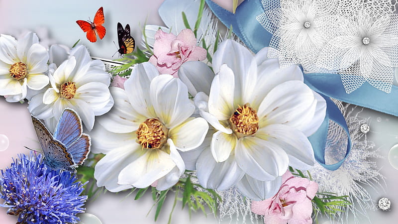 Joyful Spring, jewels, lace, ribbon, flowers, butterflies, diamonds, blue, feathers, HD wallpaper