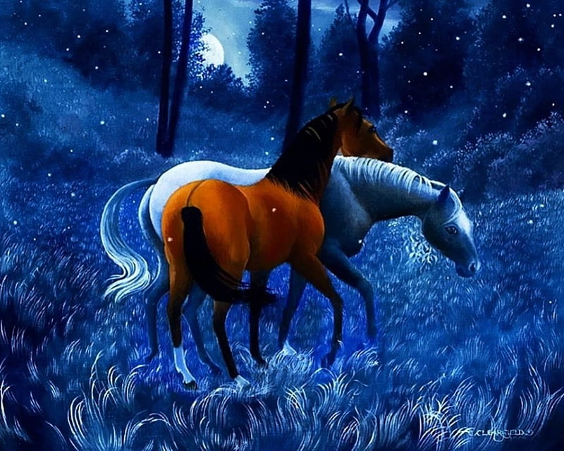 Wild Horses, painting, flowers, nature, artwork, landscape, HD wallpaper