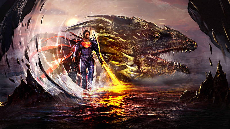 Superman Man Of Steel With Dragon Artwork , superman, man-of-steel, dragon, artwork, artist, digital-art, superheroes, HD wallpaper
