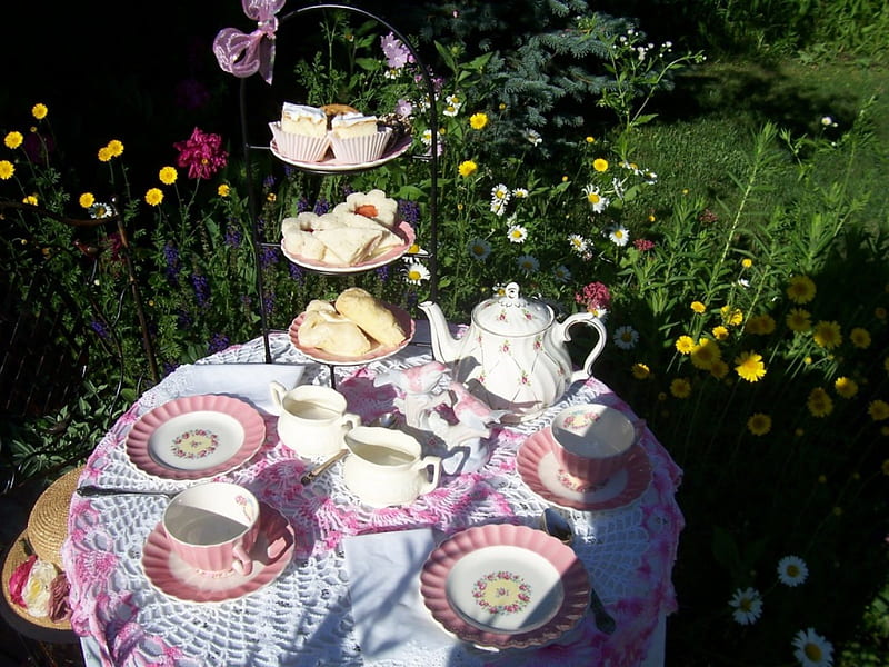 Five o'clock tea, prajiturele, gradina, ceai, soare, HD wallpaper