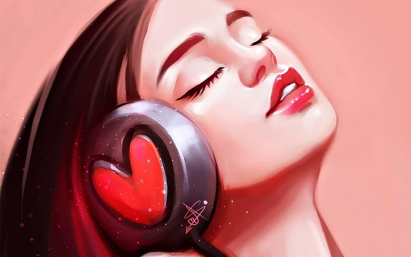 Chillout, red, art, femeie, valentine, woman, lips, fantasy, girl, ayyasap, heart, face, headphone, pink, HD wallpaper