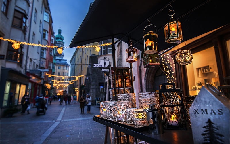 Austria, Innsbruck, street, lanterns, holiday ,, Austria Christmas, HD wallpaper