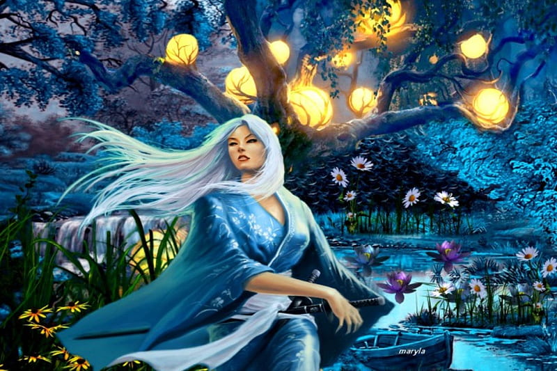 blue fantasy girl, lilies, blonde, woman, bushes, lake, daisies, tree, boat, warrior, waterfall, nature, light, blue, HD wallpaper