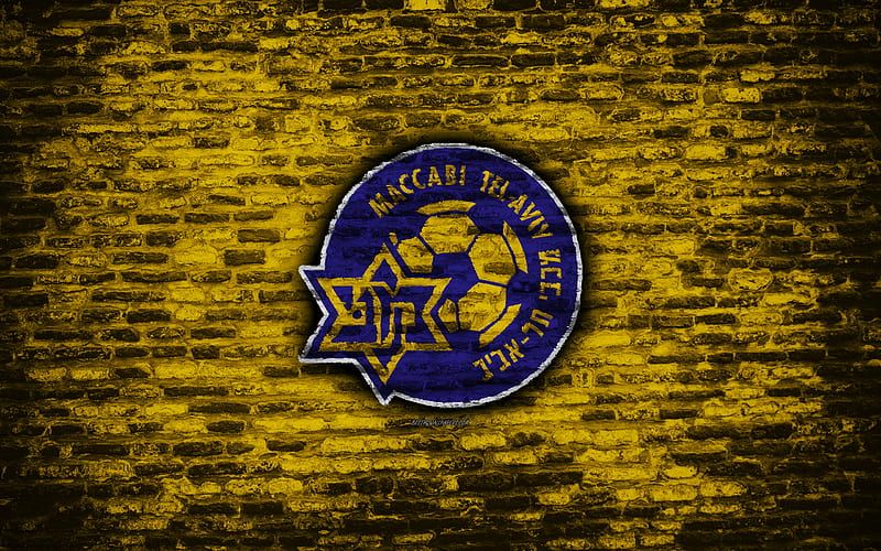 Maccabi Tel Aviv FC logo, brick wall, Israeli Premier League, football, Israeli football club, soccer, brick texture, Tel Aviv, Israel, HD wallpaper