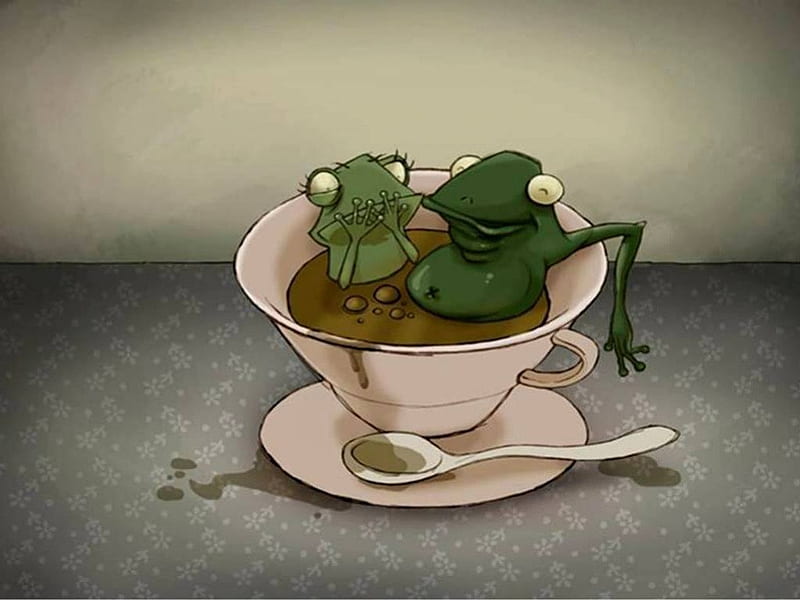 Frogs sharing tea, frog couple, cup of tea, saucer, teaspoon, HD wallpaper