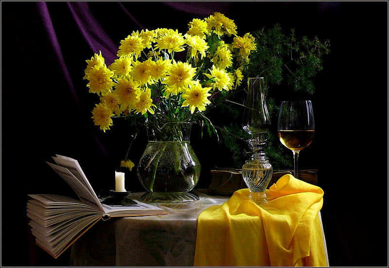Cheery, candle, table, lantern, yellow scarf, book, still life, blossoms, flowers, wineglass, HD wallpaper