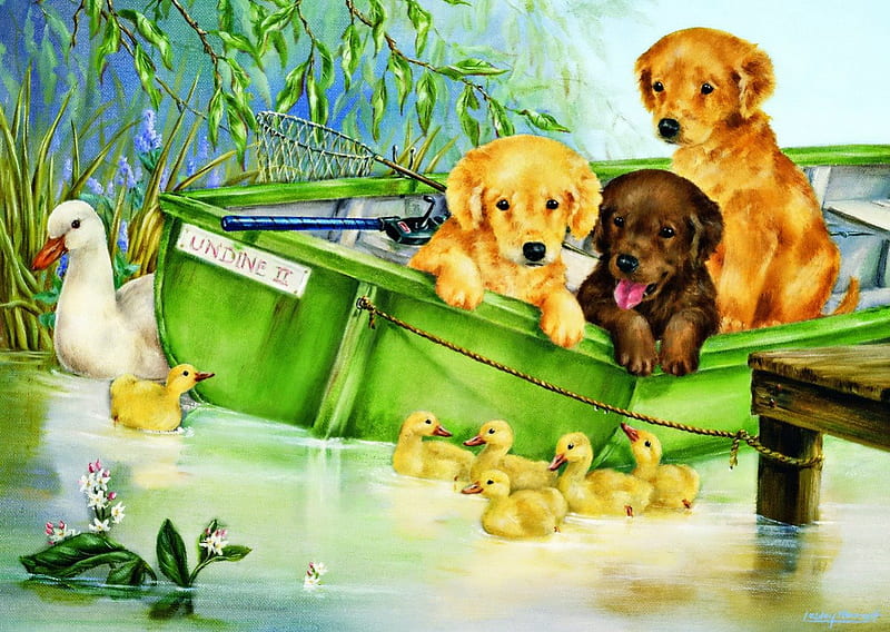 River of joy, ducks, adorable, mother, sweet, boat, puppies, dock, green, painting, river, chickens, duckling, swimming, animals, playing, pier, fun, joy, trees, lake, pond, cute, water, funny, refelction, branches, dogs, HD wallpaper
