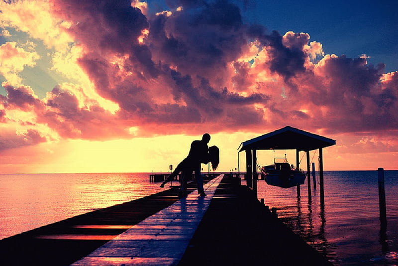 Magical moment, sun, boat, romantic, ocean, pier, clouds, sky, couple, HD wallpaper