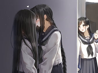 Mobile wallpaper: Anime, Kiss, Blue Eyes, Original, School Uniform, Yuri,  1365806 download the picture for free.