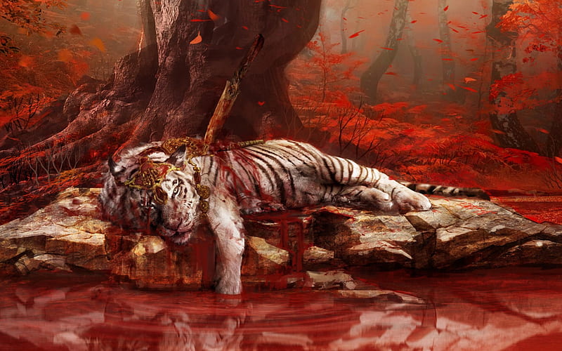 Far Cry 4: Dead Tiger, ps3, red, Cry 4, Far, 2014, xbox, tiger, blood, HD wallpaper
