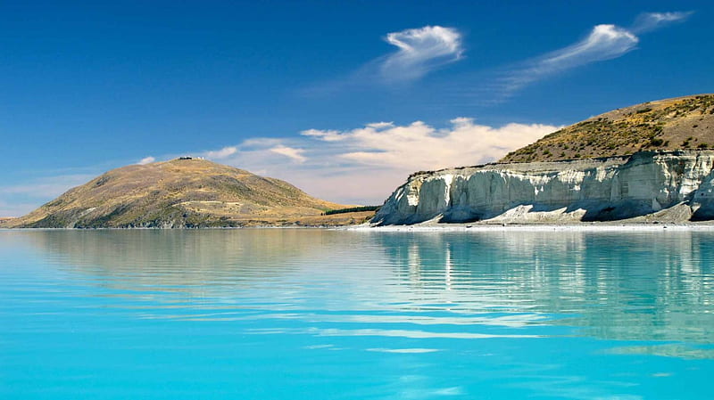 Tekapo Lake, New Zealand, hills, white bluffs, bonito, emerald, tranquility, HD wallpaper