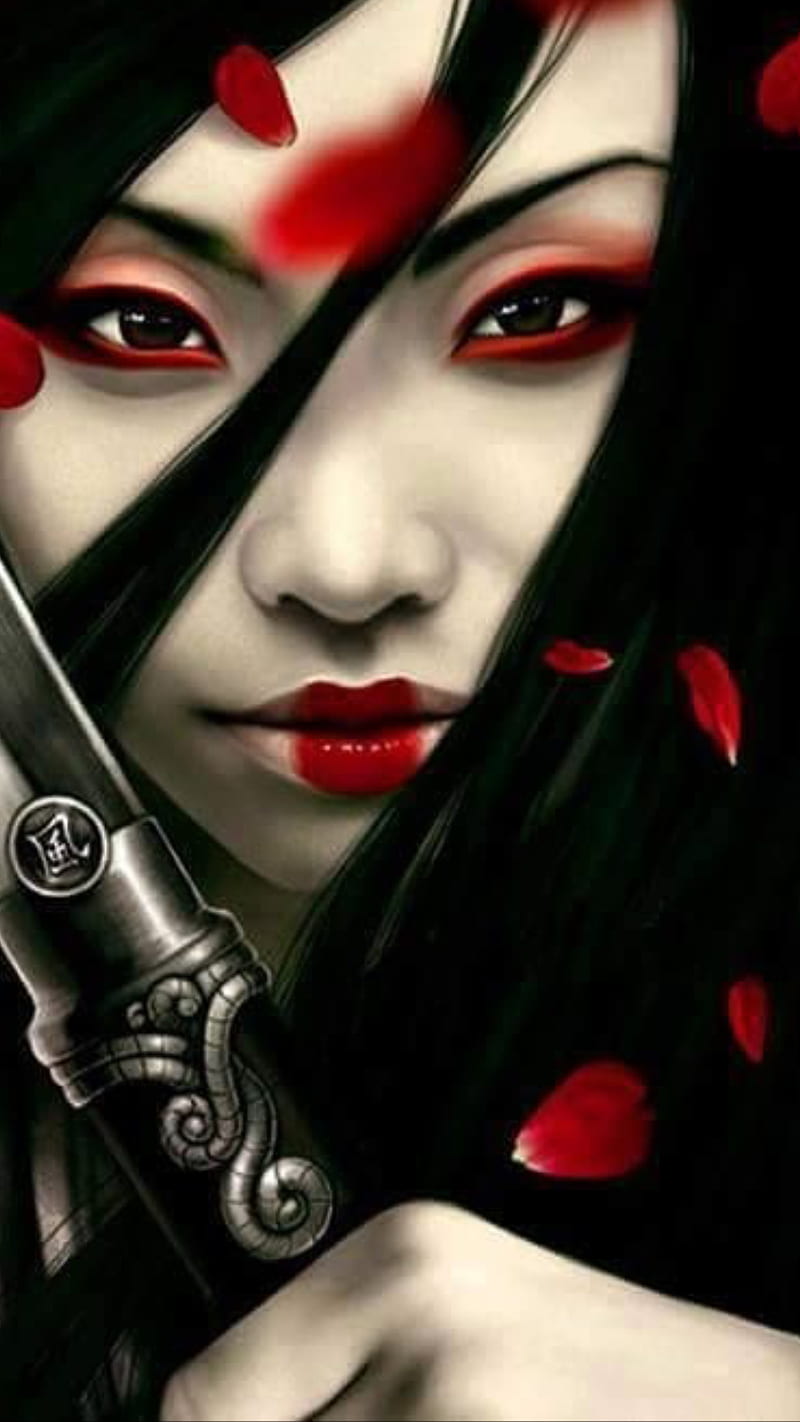 Geisha, sword, lips, japanese, woman, warrior, HD phone wallpaper