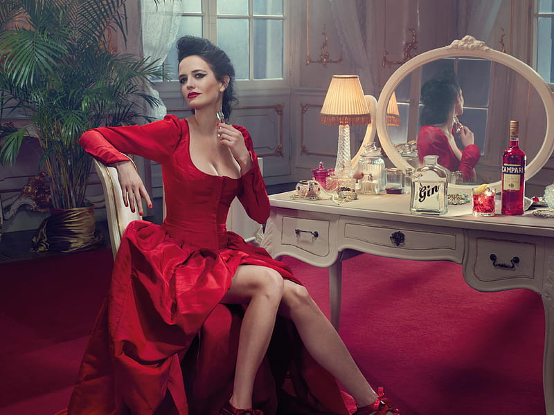 Eva Green, campari, dress, girl, actress, mirror, woman, red, add, commercial, HD wallpaper