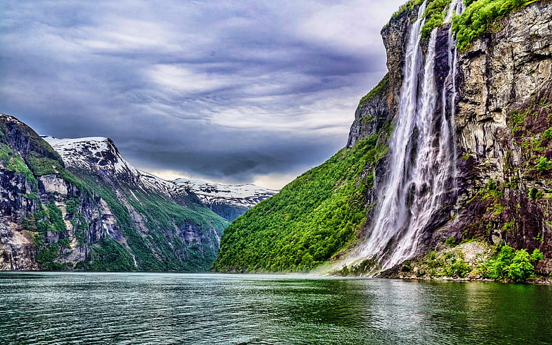 Norway fjord, waterfall, mountains, Europe, norwegian nature, R, beautiful nature, HD wallpaper
