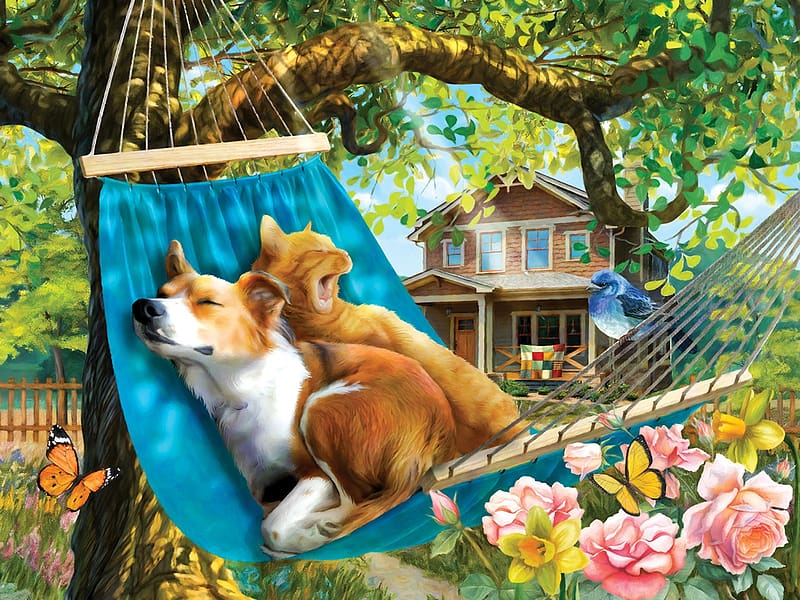 Siesta Time, dog, painting, house, garden, cat, flowers, hammock, tree, HD wallpaper